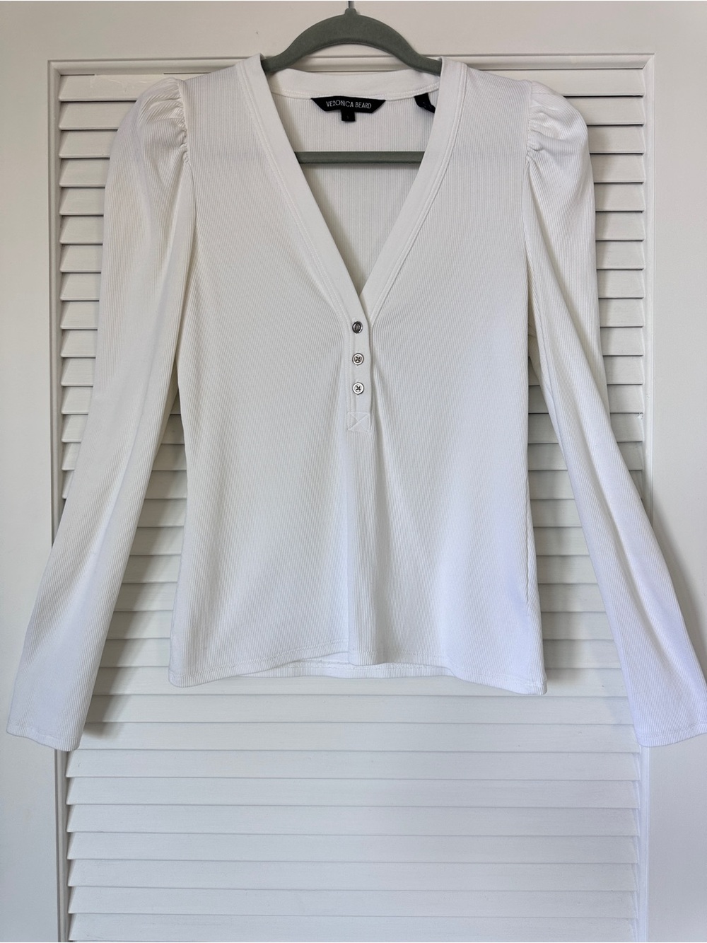 Veronica Beard Dekalb White Ribbed Puff Sleeve Henley Top S Pima Cotton